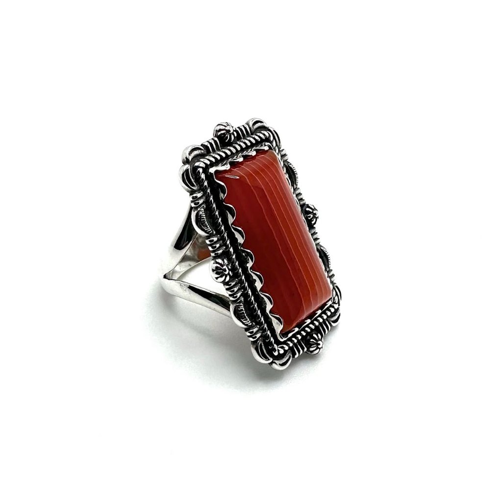 American West Sterling Silver Rectangular Orange Agate Gemstone Ring
